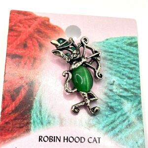 Bow and Arrow Cat Lapel Pin Green Robin Hood Cat Brooch